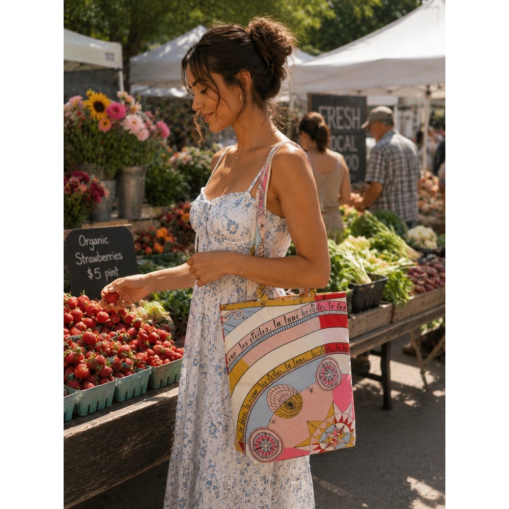 Tory Burch Celestial Canvas Tote Bag Moon Stars Pink Multicolor Large